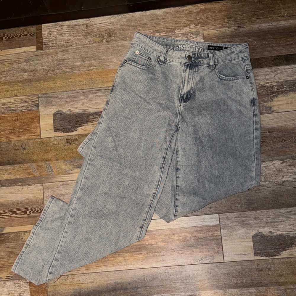 J for Justify Gray Boot Cut Jeans With Pink Embroidered Bows Size S